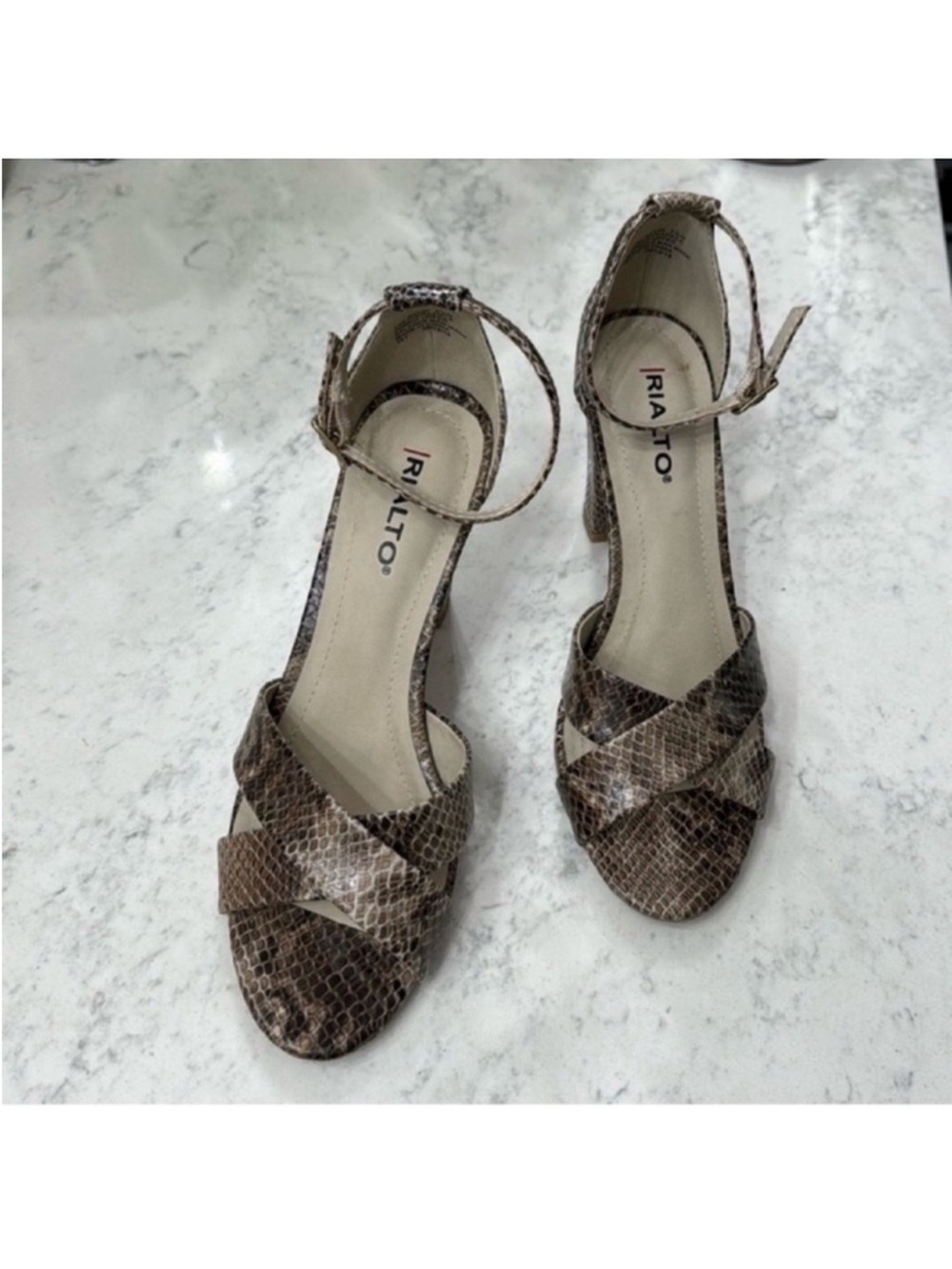Rialto Snake Print Faux Leather Heels/Sandals Sz 6.5 Brown Beige Ankle Strap